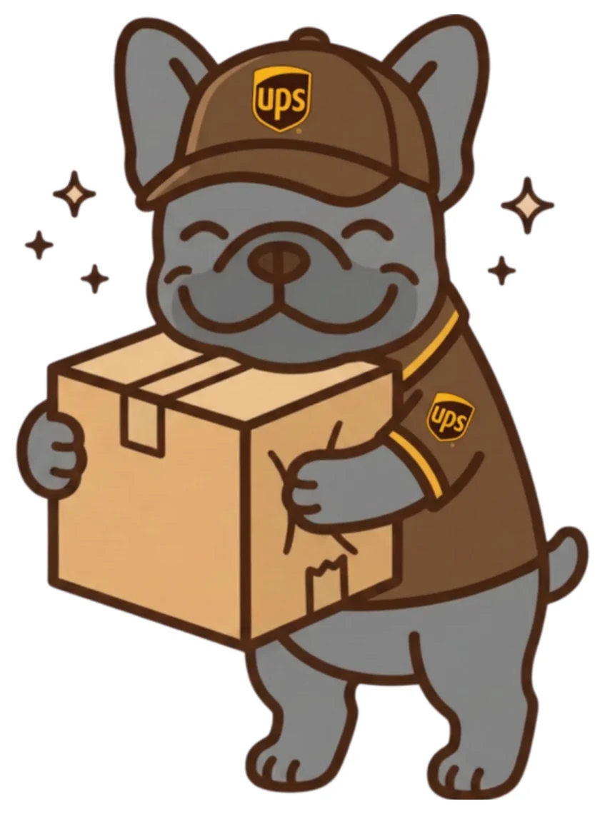 A French bulldog in a UPS cap and shirt hugging a package